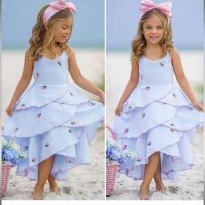New MIA Belle Boutique 4t 5t Light Blue Tiered Girls Dress Pink Rose Embroidery
